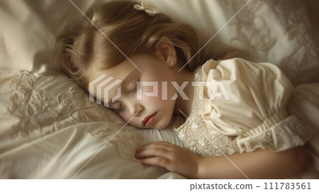 Cute little girl sleeping on bed with soft pillows at home 111783561