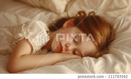Cute little girl sleeping on bed with soft pillows at home 111783562