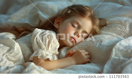 Cute little girl sleeping on bed with soft pillows at home 111783563