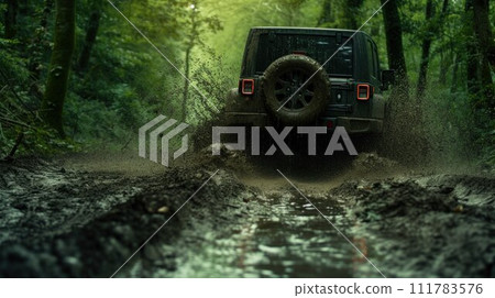 Jeep off-roading through the forest in rainy wet weather through mud and high levels of water run-off from the rain storm disaster 111783576