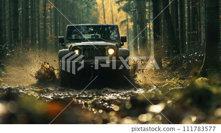 Jeep off-roading through the forest in rainy wet weather through mud and high levels of water run-off from the rain storm disaster 111783577