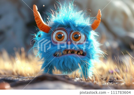 Ugly monster with a tired and depressed expression, fabulous creature made by hand from blue plasticine. Scary face of alien monster 111783604