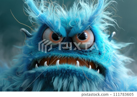 Ugly monster with a tired and depressed expression, fabulous creature made by hand from blue plasticine. Scary face of alien monster 111783605