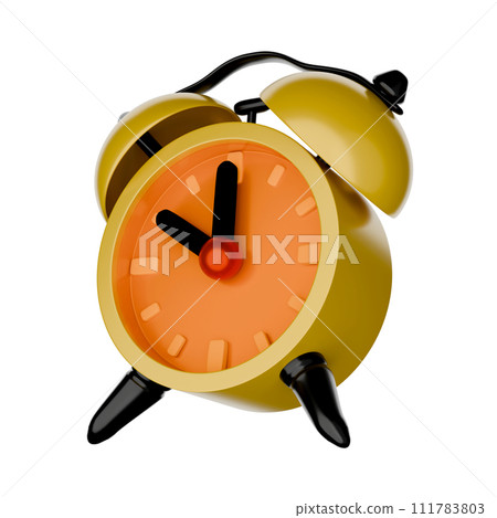 Yellow alarm clock, cartoon style, 3D rendering on white background have work path. Wake up at 10 am. or 10 pm. 111783803