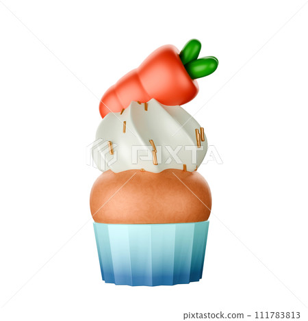 Cartoon style carrot muffin whipped cream white 3D rendering on white background have work path. Cartoon style carrot muffin whipped cream white 3D rendering on white background have work path. 111783813