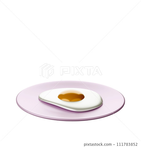 Cartoon style Fried eggs on a pink plate 3D rendering on white background have work path. 111783852