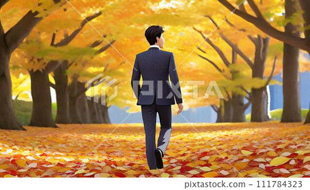 一位商人走在滿是秋葉的路上 111784323
