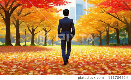 一位商人走在滿是秋葉的路上 111784324
