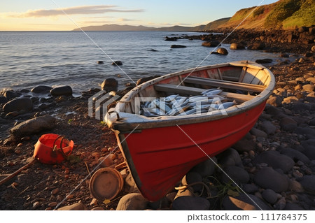 Red Fishing Boat with Fresh Catch at Shoreline. Generative Ai. 111784375