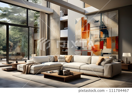 modern and cozy living room with furniture and a large abstract painting modern and cozy living room with furniture and a large abstract painting 111784467