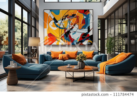 modern and cozy living room with furniture and a large abstract painting modern and cozy living room with furniture and a large abstract painting 111784474