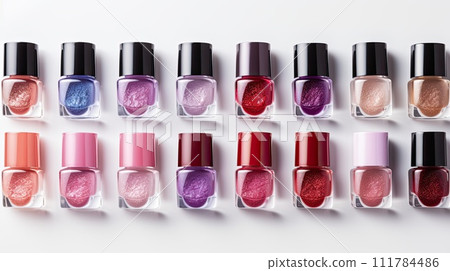 Brightly colored nail polishes in different cans, Nail care, manicure, Ai 111784486