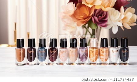 Brightly colored nail polishes in different cans, Nail care, manicure, Ai 111784487
