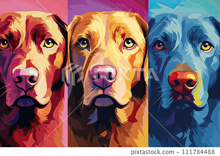 Golden retriever dog close-up in abstract mixed grunge colors, digital painting 111784488