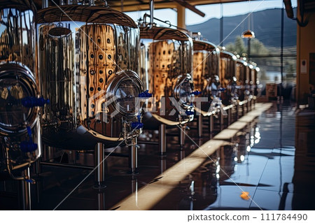 Winery, manufacturing with technology. Metal kegs of wine in factory warehouse 111784490