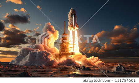 Rocket starts into space, Travel Mars, New space rocket lift off. Space shuttle Rocket starts into space, Travel Mars, New space rocket lift off. Space shuttle 111784501