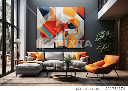 modern and cozy living room with furniture and a large abstract painting modern and cozy living room with furniture and a large abstract painting 111784574