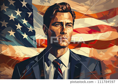 Man in a tie against the background of the US flag. Serious powerful politician 111784597