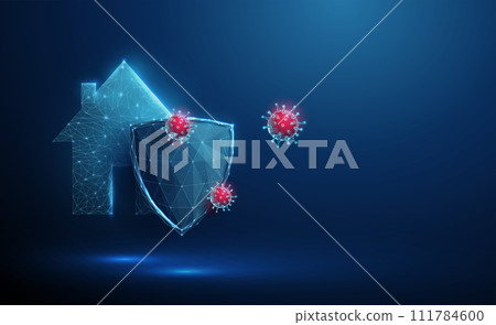 Abstract house icon behind blue futuristic guard shield attacked by red viruses. Protection concept. Low poly style Abstract house icon behind blue futuristic guard shield attacked by red viruses. Protection concept. Low poly style 111784600