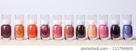 Brightly colored nail polishes in different cans, Nail care, manicure, Ai Brightly colored nail polishes in different cans, Nail care, manicure, Ai 111784609