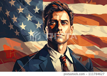 Man in a tie against the background of the US flag. Serious powerful politician Man in a tie against the background of the US flag. Serious powerful politician 111784627