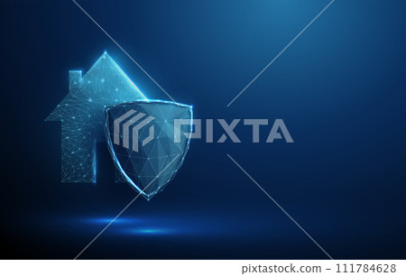 Abstract house icon behind blue futuristic guard shield. Protection, property insurance concept. Low poly style 111784628