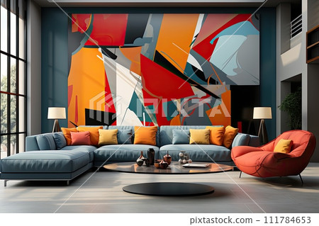 modern and cozy living room with furniture and a large abstract painting modern and cozy living room with furniture and a large abstract painting 111784653