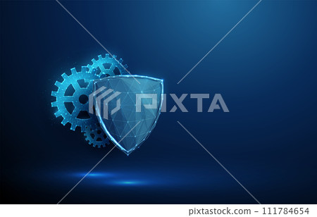 Abstract blue futuristic guard shield and cogwheels. Protection, cyber security and insurance concept. Low poly digital Abstract blue futuristic guard shield and cogwheels. Protection, cyber security and insurance concept. Low poly digital 111784654