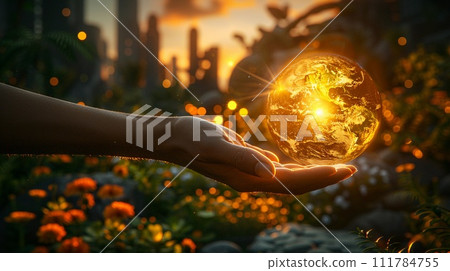 Hand Holding Glowing Representation Of Earth Planet. Warm Sunlit Background. Earth Day. AI Generated Hand Holding Glowing Representation Of Earth Planet. Warm Sunlit Background. Earth Day. AI Generated 111784755