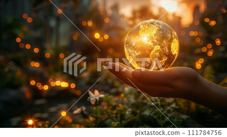 Hand Holding Glowing Representation Of Earth Planet. Warm Sunlit Background. Earth Day. AI Generated Hand Holding Glowing Representation Of Earth Planet. Warm Sunlit Background. Earth Day. AI Generated 111784756