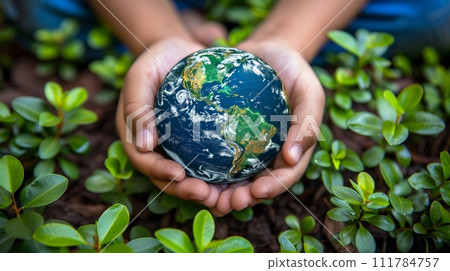Kid's Hands Keep Miniature Earth Planet. Ecology, Environmental Protection, Earth Day. AI Generated 111784757