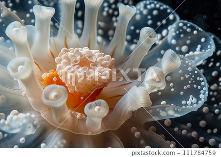 Close-Up Translucent Jellyfish. Radiant Orange Core, Graceful Tentacles. Earth Day. AI Generated 111784759