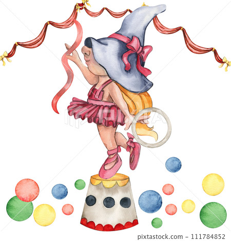 Composition of circus girl-gnome acrobat in vintage style. Watercolor hand drawn illustration perfect for wedding, invitations, blogs, card templates, birthday and baby cards, patterns, quotes Composition of circus girl-gnome acrobat in vintage style. Watercolor hand drawn illustration perfect for wedding, invitations, blogs, card templates, birthday and baby cards, patterns, quotes 111784852