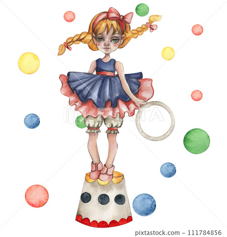 Composition of circus girl-gnome acrobat in vintage style. Watercolor hand drawn illustration perfect for wedding, invitations, blogs, card templates, birthday and baby cards, patterns, quotes 111784856
