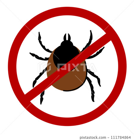 Mite warning sign. A cartoon illustration of a tick parasite. Pest control concept. 111784864