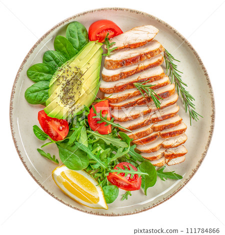 Chicken grilled fillet with salad fresh tomatoes and avocado isolated on white background Chicken grilled fillet with salad fresh tomatoes and avocado isolated on white background 111784866