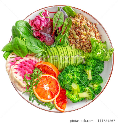 Healthy salad bowl with avocado, blood orange, broccoli, watermelon radish, spinach quinoa, pumpkin seeds. Buddha bowl isolated on white background 111784867