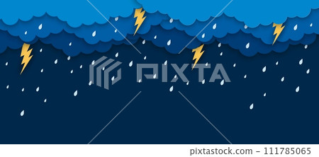 Paper cut rain clouds with lightnings and rain drops. Vector 3d papercut thunderstorm or storm weather background with water droplets falling from the dark cloudy sky and bright flash bolts sparkling Paper cut rain clouds with lightnings and rain drops. Vector 3d papercut thunderstorm or storm weather background with water droplets falling from the dark cloudy sky and bright flash bolts sparkling 111785065