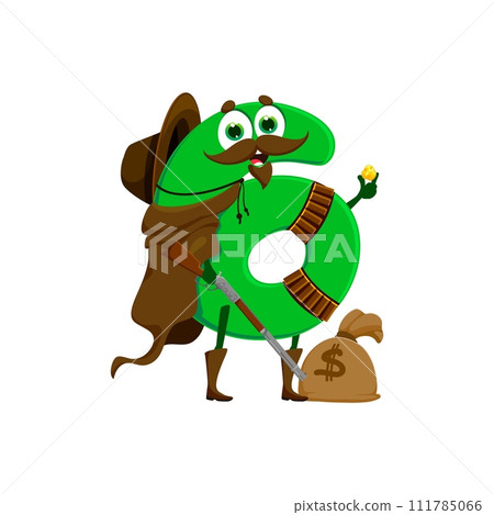 Cartoon cowboy and robber math number six character with money sack and gold nugget. Isolated vector 6 personage wearing cape and hat clutches golden piece, plotting equations for his next heist 111785066