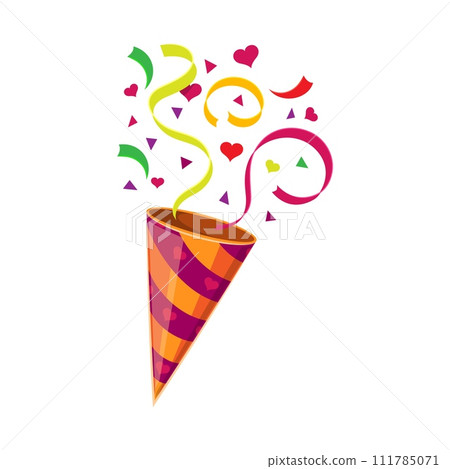 Holiday birthday party popper striped cone, firecracker with confetti, stars and ribbon. Isolated vector shooter adding a burst of fun to celebrations spreading cheer with a kaleidoscope of colors Holiday birthday party popper striped cone, firecracker with confetti, stars and ribbon. Isolated vector shooter adding a burst of fun to celebrations spreading cheer with a kaleidoscope of colors 111785071