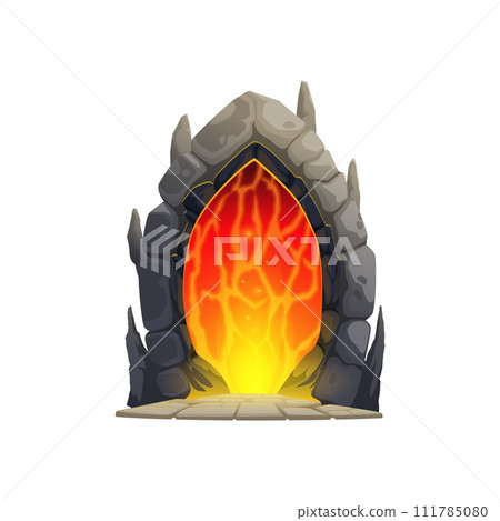 Fantasy game cartoon magic portal door. Isolated vector mystical ancient tunnel with arched stone doorway and fiery energies, beckoning adventurers to traverse realms, unlocking fantastical worlds 111785080