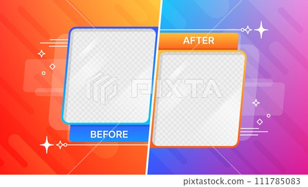 Before after template with comparison frames, vector thin line stars and sparkles. Social media banner layout, fashion, business, sport and beauty story before and after comparative screens, web post 111785083