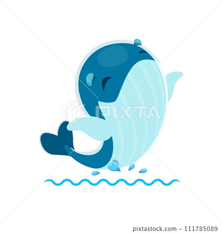 Cartoon cute kawaii whale character on sea waves. Isolated adorable vector marine animal with smiling face, and chubby body radiates cuteness and pure joy, capturing hearts with irresistible charm 111785089