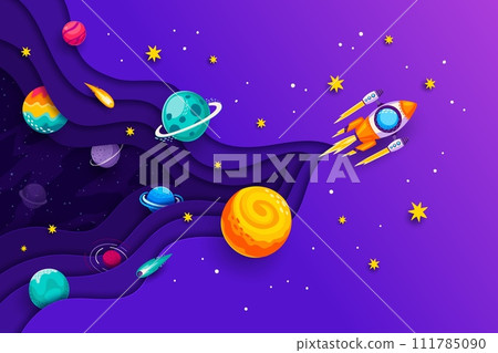 Universe space paper cut banner with rocket and galaxy planets, cartoon vector background. Rocket launch start up in outer space adventure to galactic stars in sky with paper cut planets and asteroids 111785090