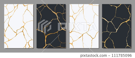 Kintsugi golden cracks, black and white marble texture pattern. Vector vertical backgrounds blending elegant veins with gold seams, embodying the Japanese art of embracing imperfections 111785096