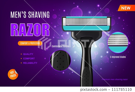 Realistic razor, shaving blade. 3d vector banner with precision-engineered grooming tool for smooth and efficient shaving experience offering blend of modern design and cutting-edge technology for men 111785110