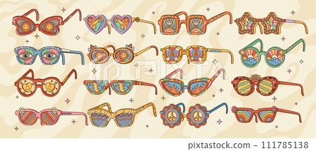 Retro hippie eyewear, outfit groovy funky sunglasses in cartoon art print, vector vintage decoration. Groovy eyeglasses or sunglasses with colorful ornament of rainbow eyes, hearts, stars and clouds Retro hippie eyewear, outfit groovy funky sunglasses in cartoon art print, vector vintage decoration. Groovy eyeglasses or sunglasses with colorful ornament of rainbow eyes, hearts, stars and clouds 111785138