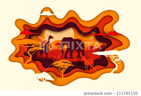 Africa paper cut landscape with animals and savannah trees at sunset. Vector silhouettes of safari elephant, giraffes, rhino and zebra, savanna plants and grass in 3d origami frame of red wavy layers 111785150