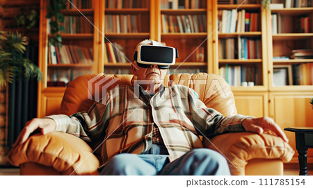 AI-generated content. Mature man enjoying virtual reality experience at home. Innovative technologies in everyday life of an elderly person, recreation, mental health 111785154