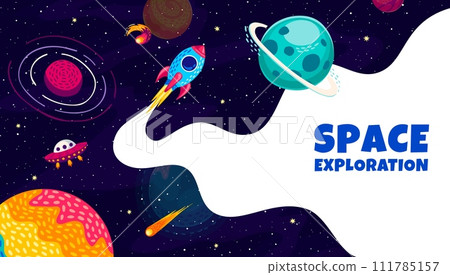 Space rocket with chemtrail on galaxy space between planets and stars. Space research, galaxy travel or exploration cartoon vector banner with spaceship in outer space, UFO saucer and fantasy planets 111785157